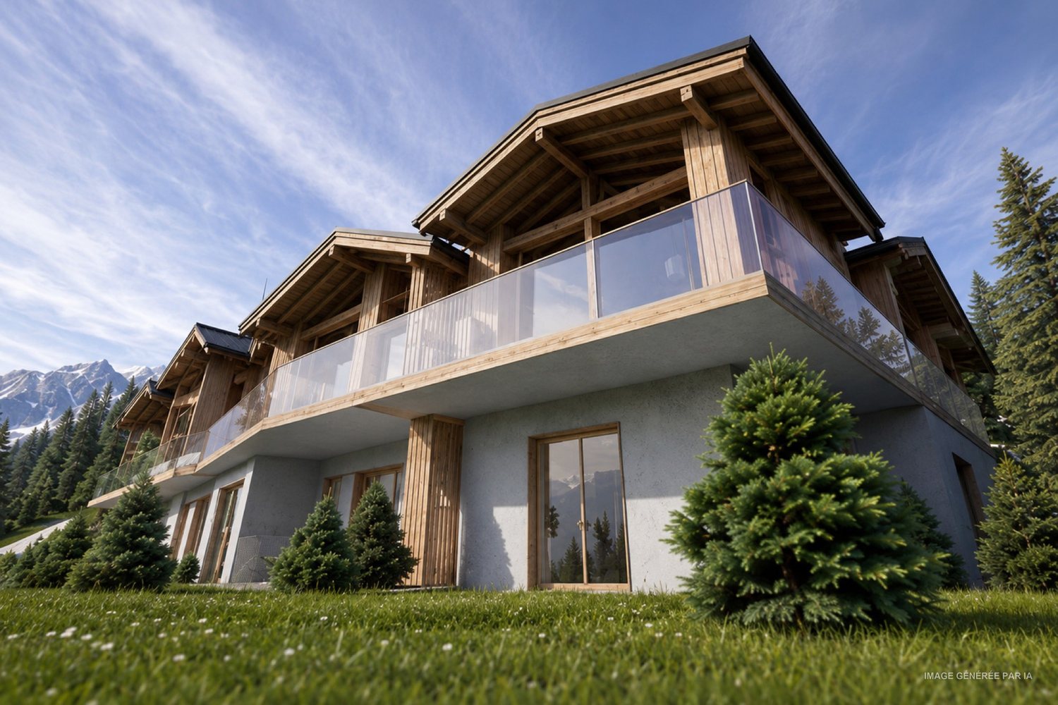 La villa vue depuis le jardin privatif, soubassement maçonné et étage en bois.