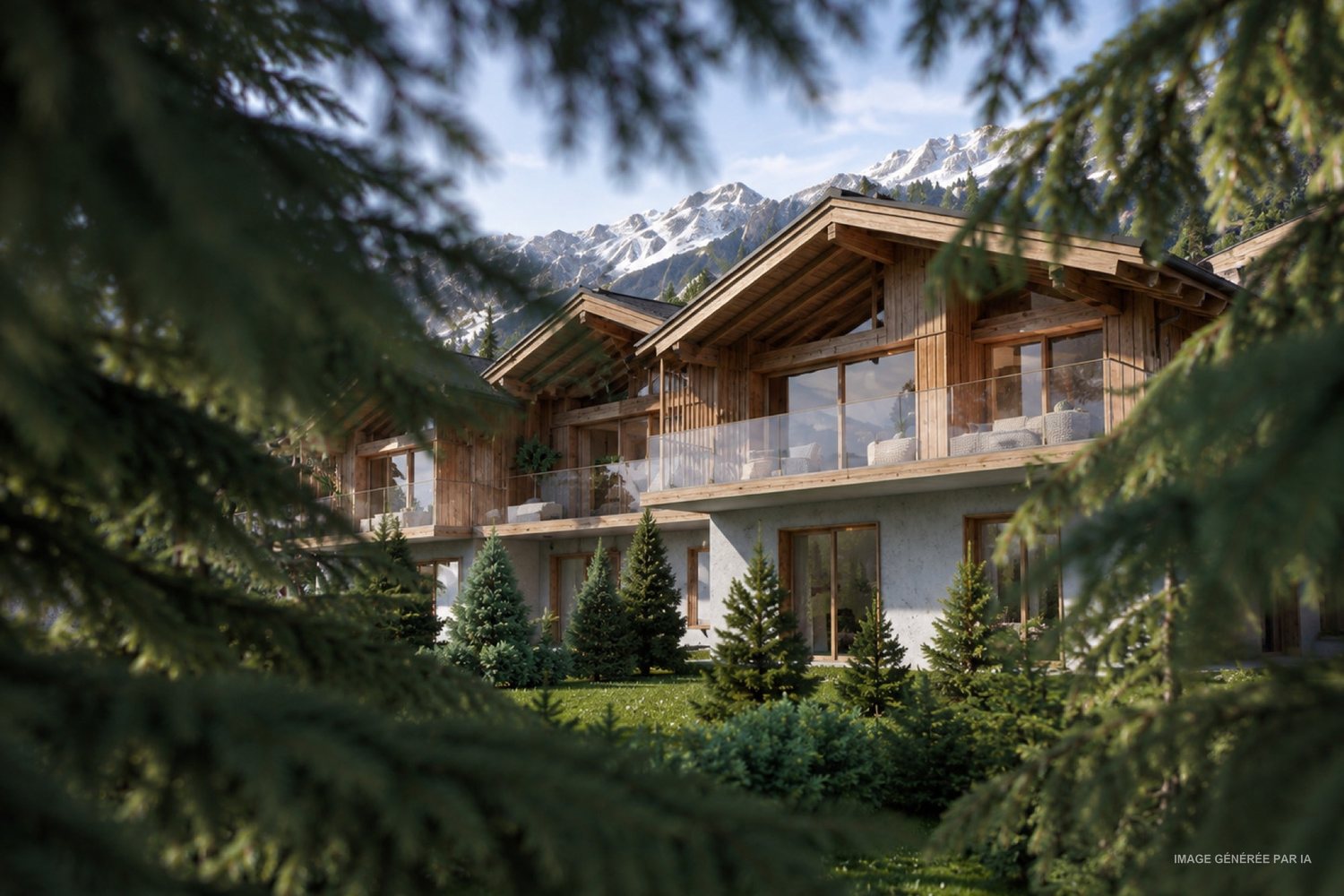 La résidence aperçue à travers les sapins du coteau.