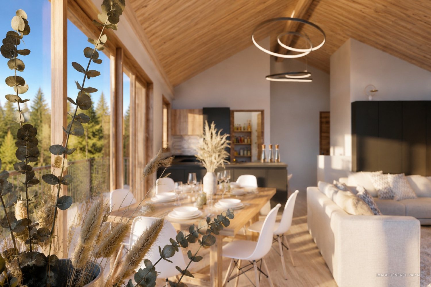 Table dressée devant les grandes baies vitrées ouvertes sur les arbres.