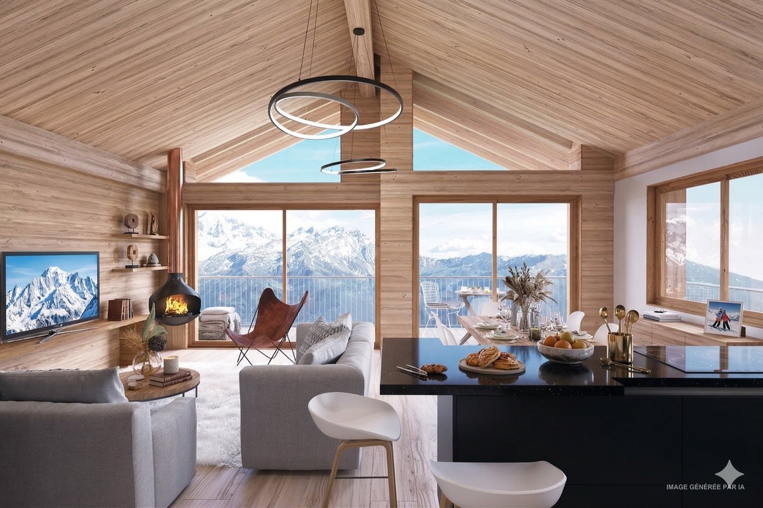 Séjour ouvert sur un panorama de montagnes par de larges baies.