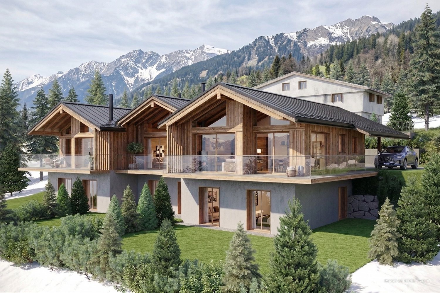 Les trois villas de la résidence alignées sur le coteau.